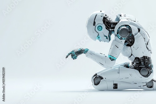 A stylized, white robot is crouching with a focus on its finger-pointing, showing intricate details in its structure, set against a light blue background. photo