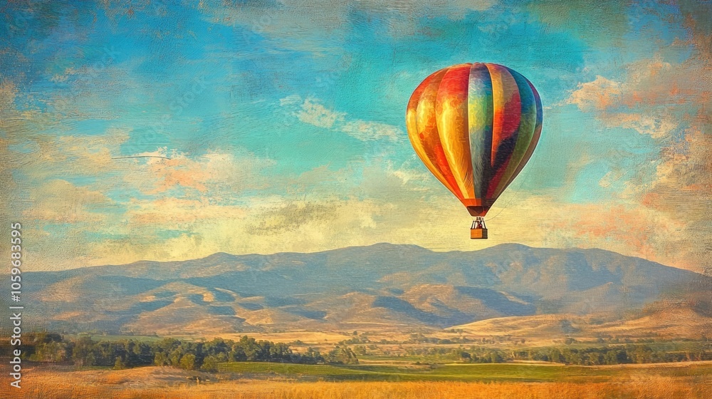 Fototapeta premium Colorful hot air balloon gliding above a stunning rural vista in a gentle impressionistic style
