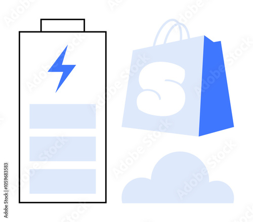 A battery icon with a lightning bolt, a shopping bag, and a cloud on a simple white background Ideal for technology, retail, power, weather, cloud computing Modern minimalistic style