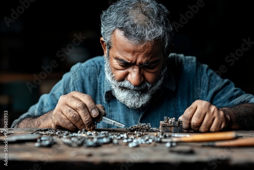 An elderly man with grey hair attentively inspects intricate mechanical parts, showcasing wisdom, experience, and patience in his artisanal work. photo