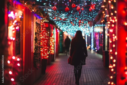 Woman walking down street adorned with Christmas lights, creating festive and enchanting ambiance. photo