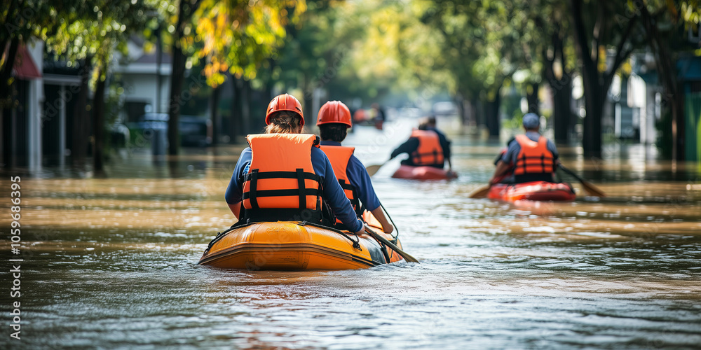 Rescue team navigating a flooded residential street in an inflatable raft evacuating people. Rescue team navigating a flooded residential street in an inflatable raft evacuating people.