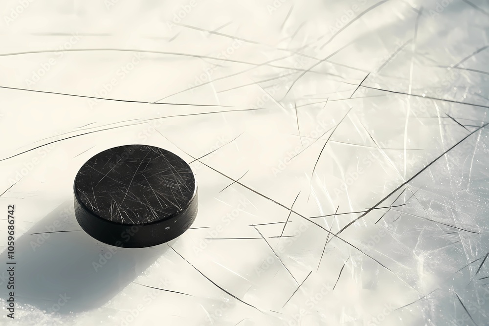 Hockey background with a close-up puck on a simple icy surface Stock
