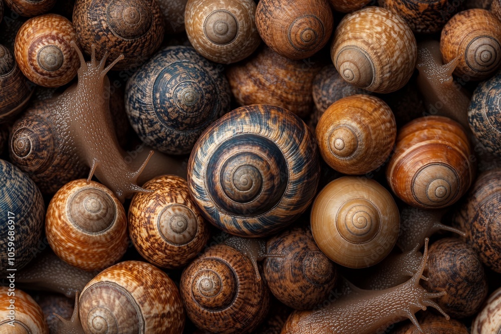 A vibrant collection of snails featuring diverse shell patterns and colors, beautifully arranged, showcasing nature's intricate designs and earthy tones. A vibrant collection of snails featuring diverse shell patterns and colors, beautifully arranged, showcasing nature's intricate designs and earthy tones.