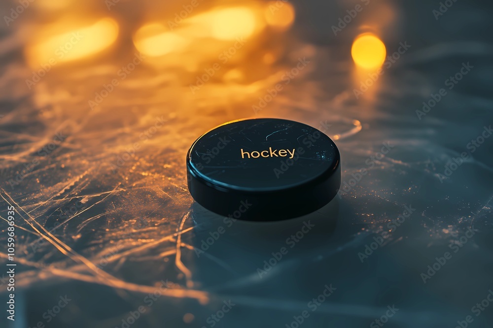 Hockey background with a close-up puck on a simple icy surface Stock