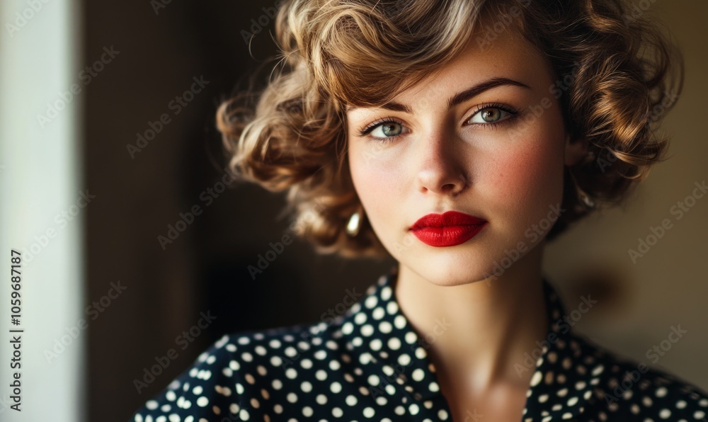 Retro-inspired woman in polka dot blouse with curled hairstyle and red lipstick Retro-inspired woman in polka dot blouse with curled hairstyle and red lipstick