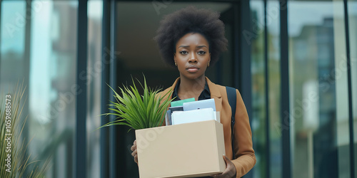Sad African American employee holding a paper box with personal belongings and leaving office after resignation or being fired.