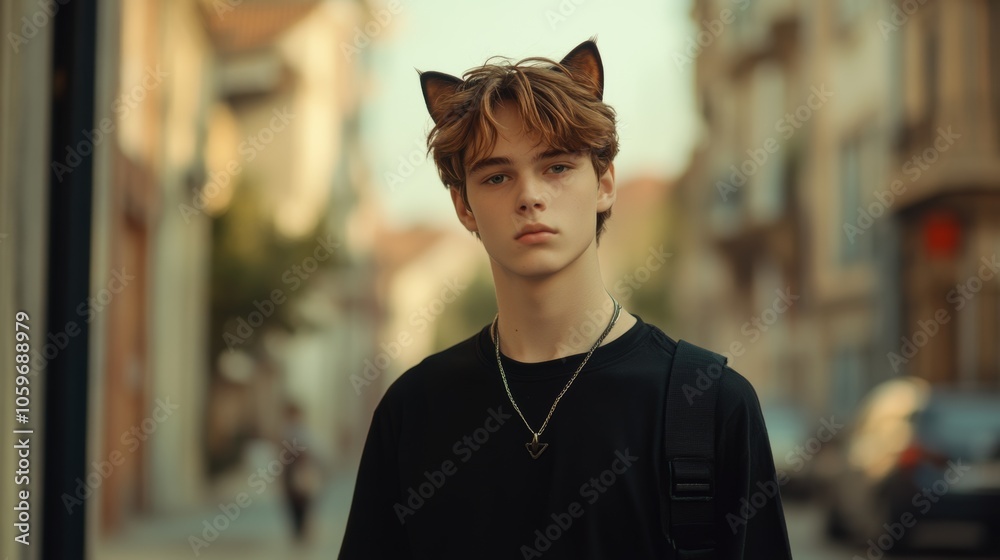 Fototapeta premium Teenage boy with cat features walks confidently down a city street exploring therian lifestyle and social media culture