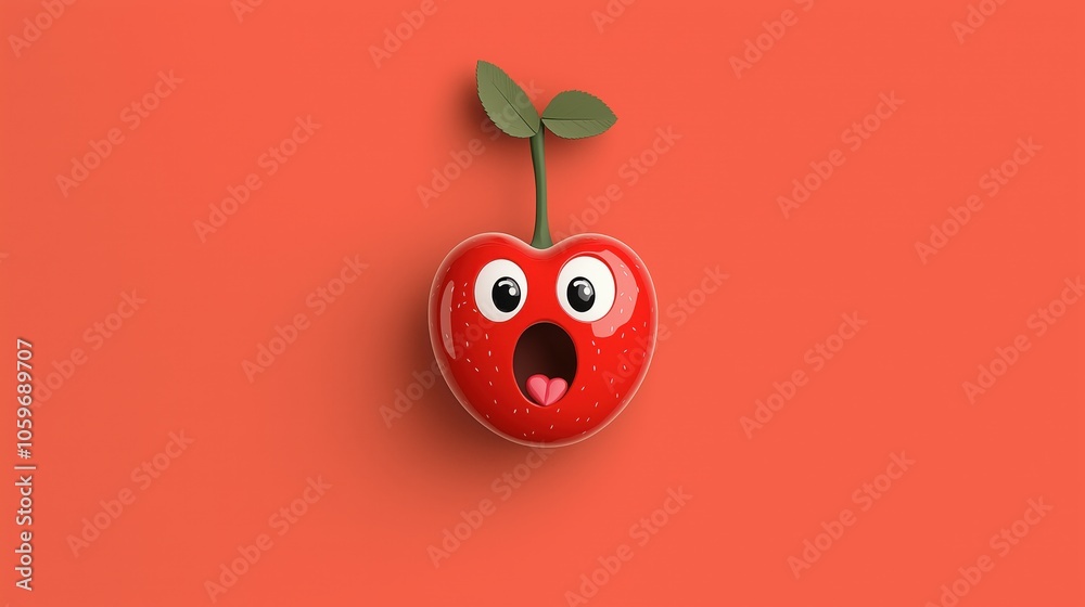 Cartoon-style red heart-shaped fruit with a surprised face, wide eyes, mouth open, and stem with green leaves against an orange background.
