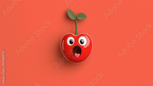 Obraz na płótnie Cartoon-style red heart-shaped fruit with a surprised face, wide eyes, mouth open, and stem with green leaves against an orange background. w salonie