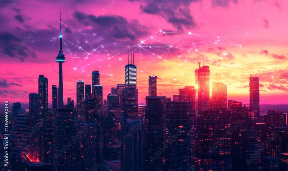 Naklejka premium Stunning city skyline at sunset with vibrant colors and a futuristic digital network overlay, symbolizing innovation and connectivity