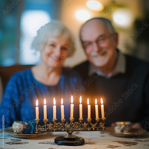 Traditional Hanukkah candles in menorah with senior couple in the background photo