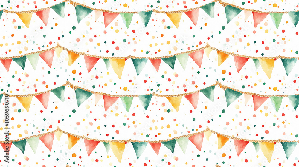 Fototapeta premium Seamless watercolor pattern featuring vibrant yellow red and green flags and confetti on a rope garland ideal for festive greetings invitations and decor