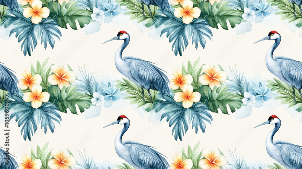 Obraz premium Colorful watercolor seamless pattern featuring plumeria and vibrant blue exotic flowers alongside grey crowned crane birds and lush tropical leaves