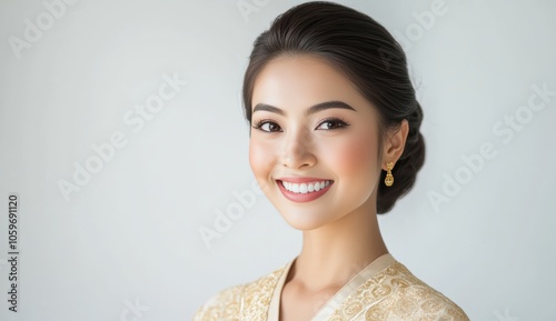 A young woman smiles while wearing traditional Asia attire, featuring intricate patterns and golden accessories. The soft background highlights her elegance and cultural beauty. photo