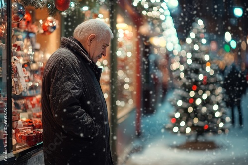 An elderly man stands alone outside a festive shop, feeling the weight of solitude during Christmas in a snowy town photo