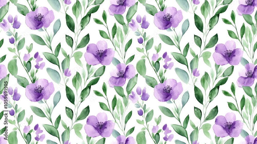 Fototapeta premium Watercolor floral pattern in green and violet hues seamless design for romantic web pages and wedding invitations textile wallpaper