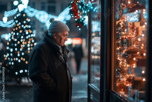 Elderly man feels solitude while observing festive window display during Christmas evening stroll photo