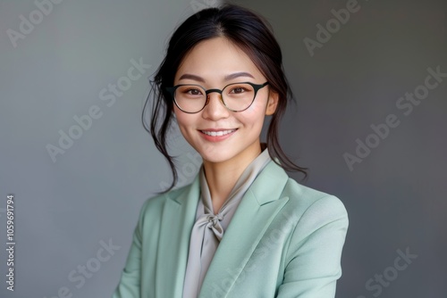 a light plastel green suit, an Asian businesswoman stands confidently in a soft and solid pastel plain background, her calm demeanor perfect for professional environments. photo