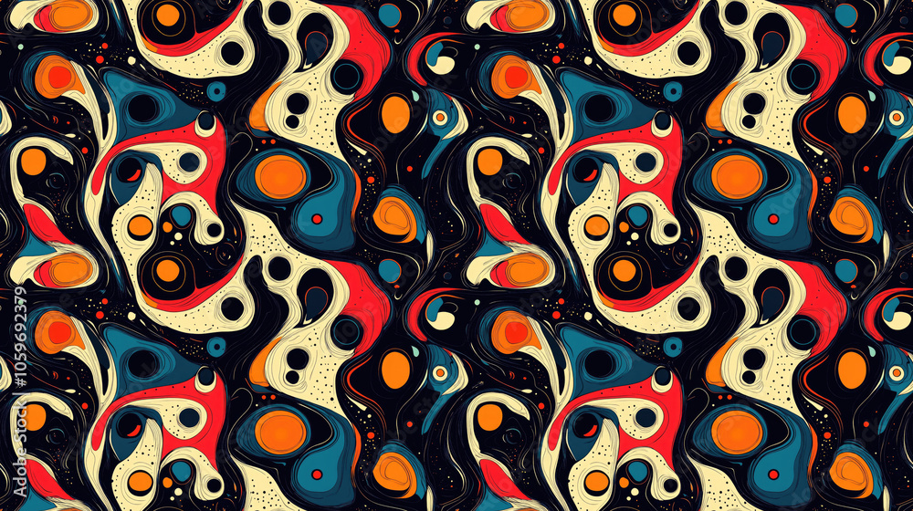 Naklejka premium Seamless abstract pattern featuring quirky shapes and vibrant colors perfect for textiles or wallpaper design