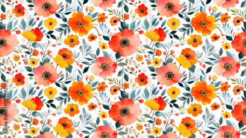 Seamless watercolor floral pattern featuring vibrant blooms and leaves on a crisp white backdrop ideal for textiles and home decor