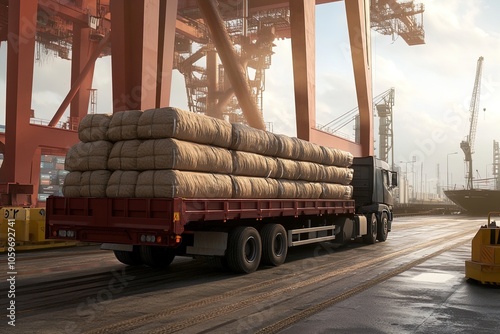 A Truck Loaded With Wrapped Cargo is Parked at a Busy Shipping Port During Golden Hour Light