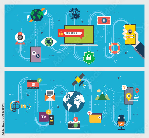 Vector graphic illustration of icon set with concepts of digital security, privacy, and data protection in an interconnected digital world. Global communication, connectivity and technology.