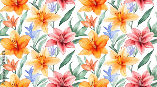 Seamless watercolor floral pattern featuring hand drawn lilies and vibrant flowers on a clean white background