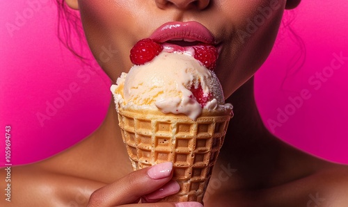 Vertical collage hands body fragments hold ice cream dessert tasty waffles woman mouth face lick lips tempting huger delicious meal photo