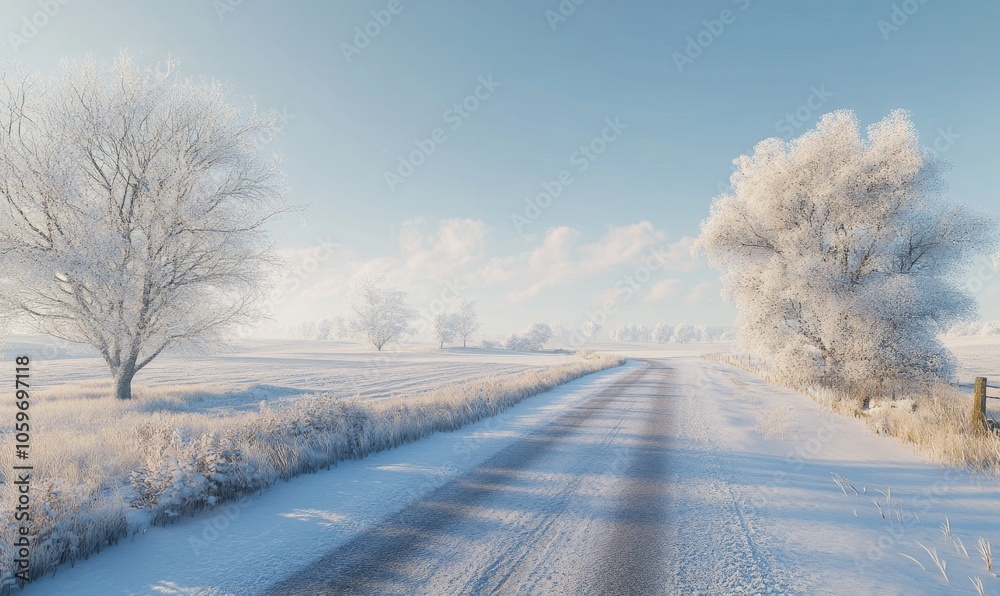Obraz premium Winter walk along a country road, with snow-covered fields on either side and a peaceful, clear sky