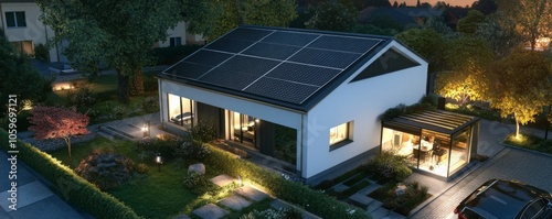 Modern Home with Solar Panels on the Roof at Night