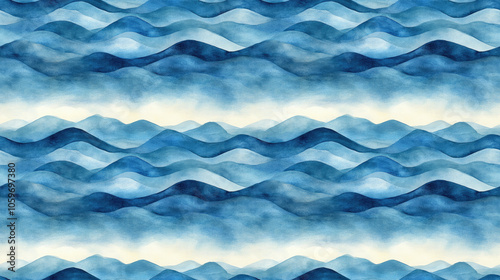 Soothing watercolor illustration of abstract blue waves conveying a tranquil ocean like scene for diverse creative backgrounds photo