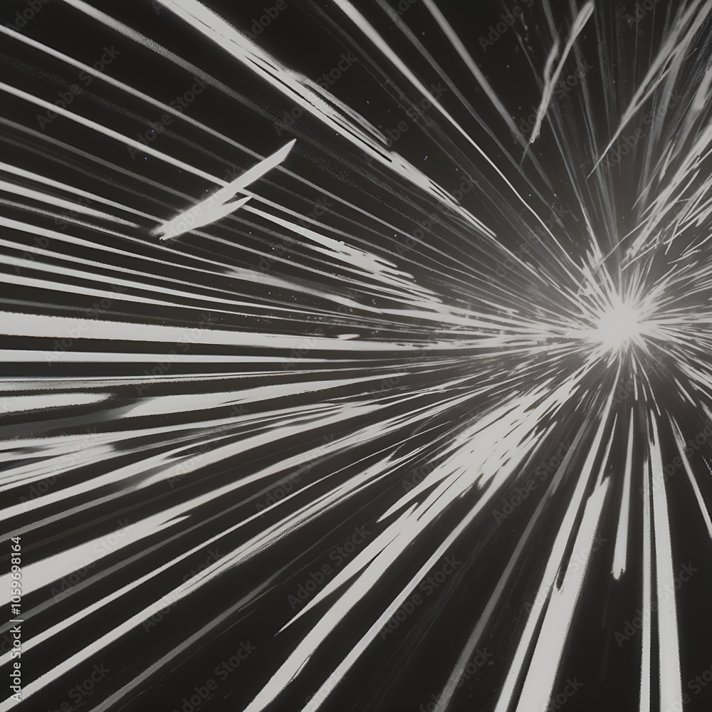 Obraz premium Abstract black and white lines radiating from a central point, creating a dynamic, high-speed effect. Ideal for futuristic, sci-fi, or digital themes.