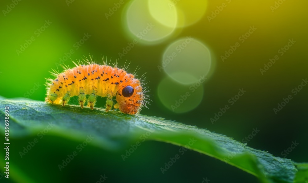 Fototapeta premium A close-up of a caterpillar on a leaf, beginning to spin its cocoon, surrounded by a blurred green background