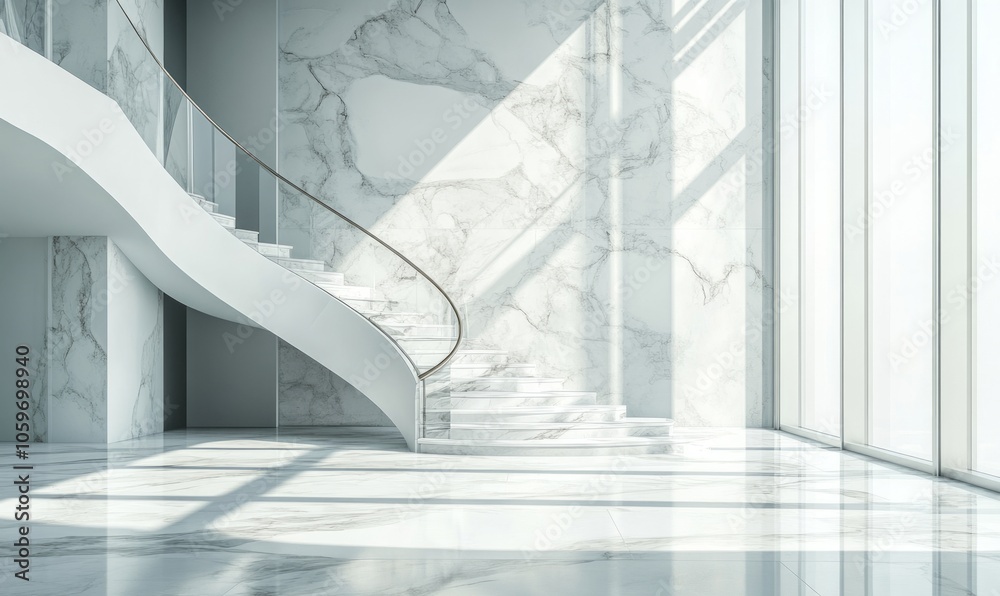 Fototapeta premium Luxurious apartment with white marble stairs on the first level With copy space for text