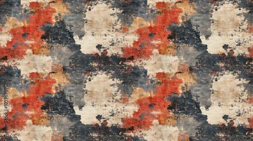 Seamless pattern of modern carpet and rugs designs featuring distressed textures and vibrant colors for home decor applications