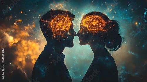 Modern love interpreted through neuroplasticity: couple facing each other, glowing neural pathways above their heads, signifying shared growth and understanding