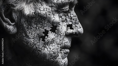 Old man's face disintegrating into puzzle pieces, symbolizing mental health struggles, hyper-realistic, grayscale, high detail, textured skin, sharp lighting, noir photography style
