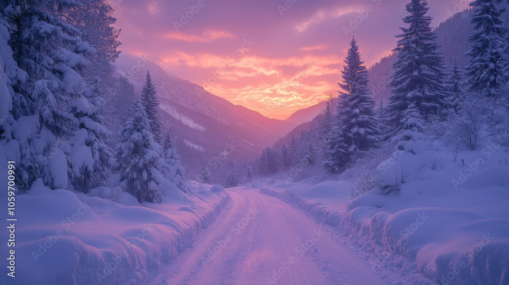 Obraz premium The snow-covered landscape captures a serene winter sunset, with vibrant hues filling the sky above the peaceful mountain road. Tall evergreens line the route, creating a picturesque scene.