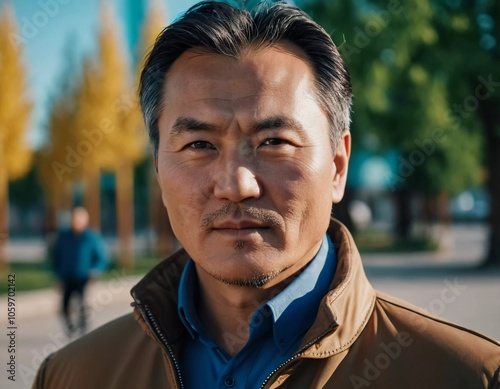 A man with short hair gazes into the camera, exuding confidence and poise. Urban setting. A resident of Kazakhstan, a cute man of 50 years old. A grown man, confident in his abilities. AI generated