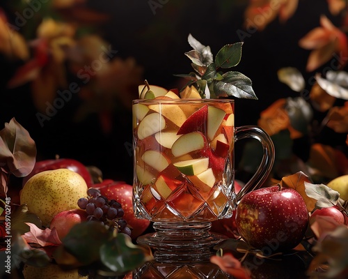 Crystal mug with fresh apple-pear juice blend, spiral-cut fruits, whole fruits, autumn leaves arrangement photo