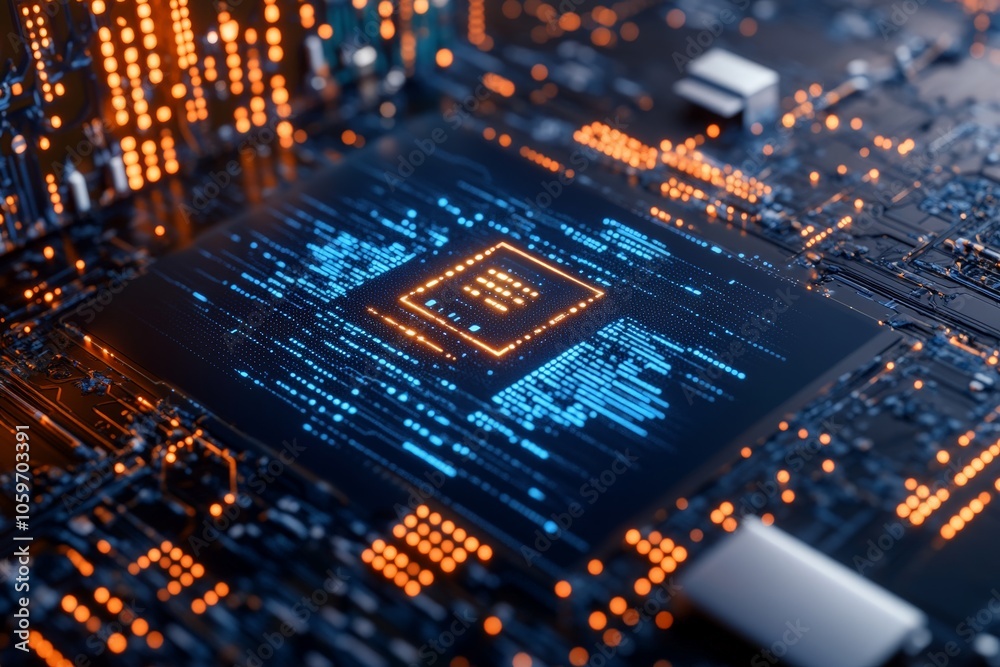 Obraz premium A close-up of a digital microchip featuring intricate circuitry and glowing lights, symbolizing advancements in computing technology and modern innovations.
