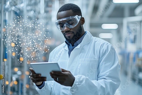 A scientist stands in a high-tech lab, using a tablet for data analysis. Wearing safety goggles and a lab coat, he represents innovation and precision in research. photo