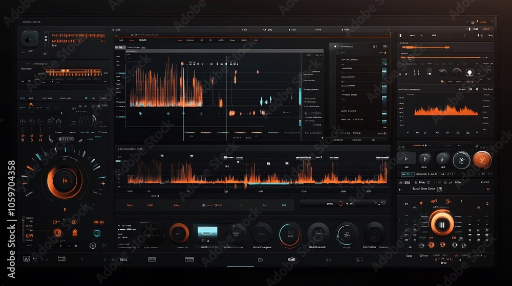 Digital audio workstation interface with multiple tracks, meters, and controls. Digital audio workstation interface with multiple tracks, meters, and controls.