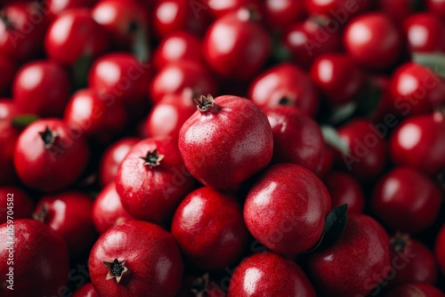 A densely packed collection of fresh pomegranates, highlighting their deep red hues and natural allure, providing a feeling of richness and bounty. photo