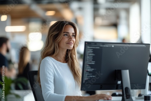A woman is focused and intent on her computer screen in a bright, modern office environment, depicting concentration and productivity in a contemporary workspace. photo
