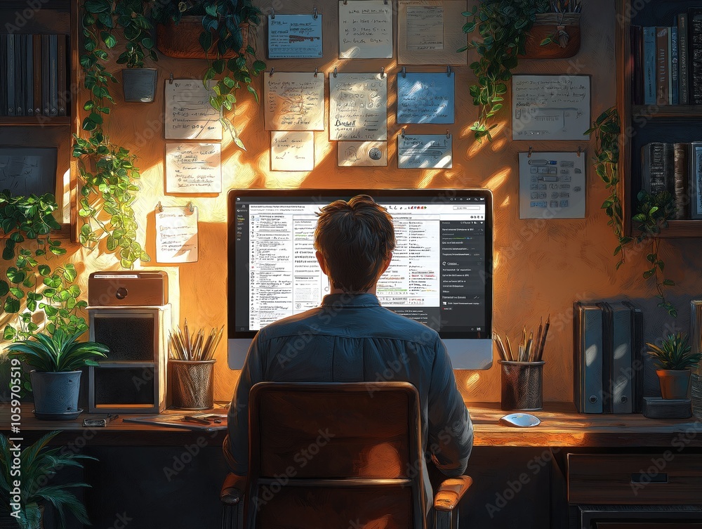 Fototapeta premium An individual in a home office interacting with an AI personal assistant displayed on a computer screen, organizing their tasks, reminders, and calendar