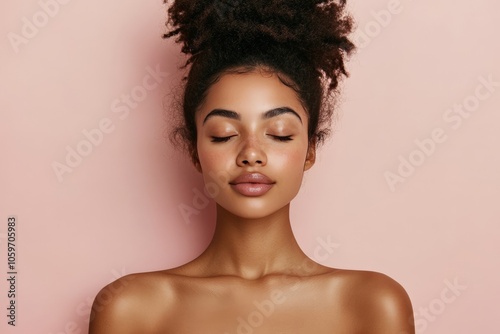 A minimalist portrait of a woman with her eyes closed, captured against a soft, neutral background, conveying peacefulness, serenity, and introspective beauty.