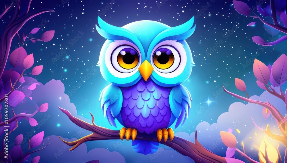 Obraz premium A cute, cartoonish blue owl perched on a branch under a starry night sky.