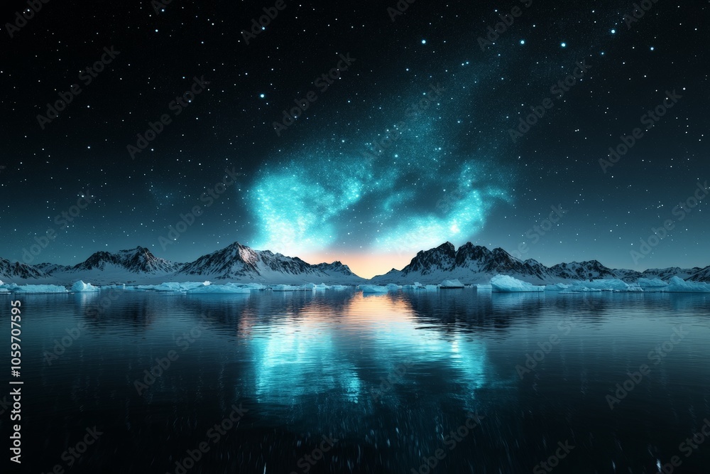 Naklejka premium A mesmerizing view of the mystical night sky filled with stars above snow-capped mountains, their reflections creating a celestial symmetry over calm waters.
